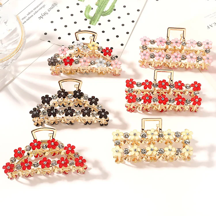 Wholesale French Rectangle Rhinestone Alloy Hair Claw Clip for Women Luxury Fashion Flower Accessories Gold Metal Shark Clip