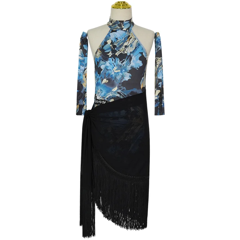 Vennystyle Latin Dancewear Dress Breathable Ice-Silk Fragmented Flower Hanging Neck Open Back Includes Tops Skirt Training