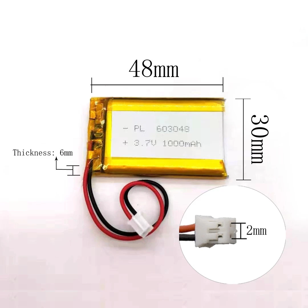 3.7V Lipo 603048 1000mah Rechargeable Battery For MP3 MP4 GPS Blu tooth headset LED Lamps Selfie Sticks 2 Pin 2.0mm JST