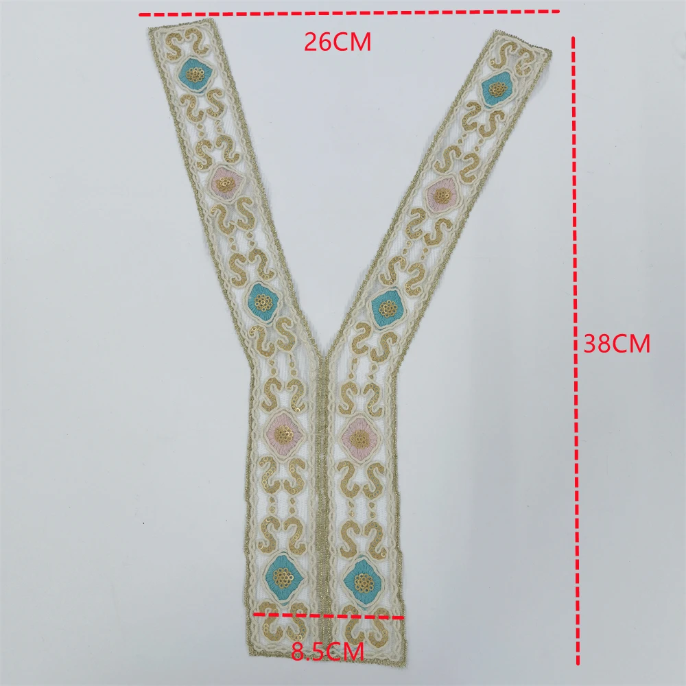 and Decorative Y Shaped Neck Patch Collar Beautiful Handmade Embroidery Neckline Patches With Sequin for garment
