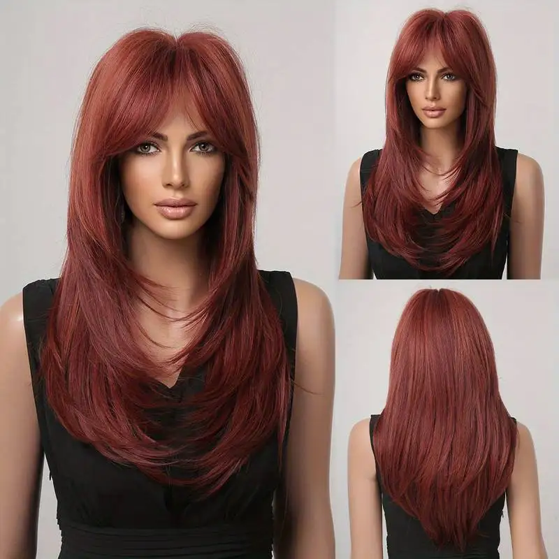 Factory Cheap 24 Inch Long Straight Layered Hair Wigs Synthetic Hair Replacement Wigs With Bangs For Daily Use For Women
