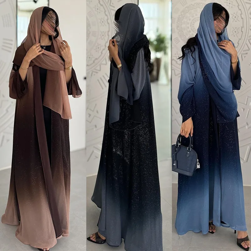 Ladies Bright Cardigans Long Gradient Party Dress Stylish New Abaya Women Robe Muslim Dress 2024 Dubai Clothes