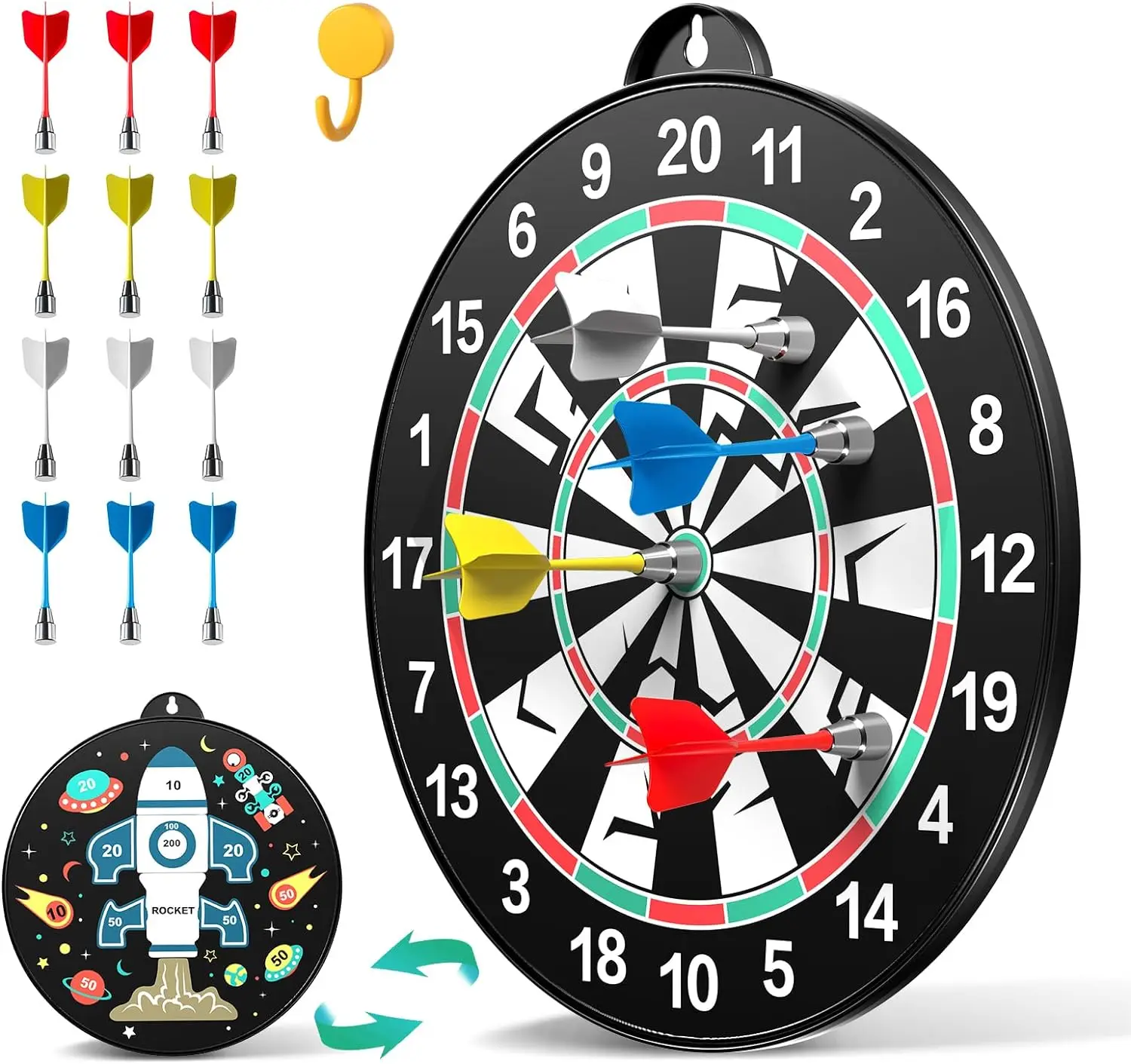Double-Sided Magnetic Kids Dart Board Set, with 12 Rocket dart, Indoor Outdoor Party Games Toys for 4+Year Old kid and Adult