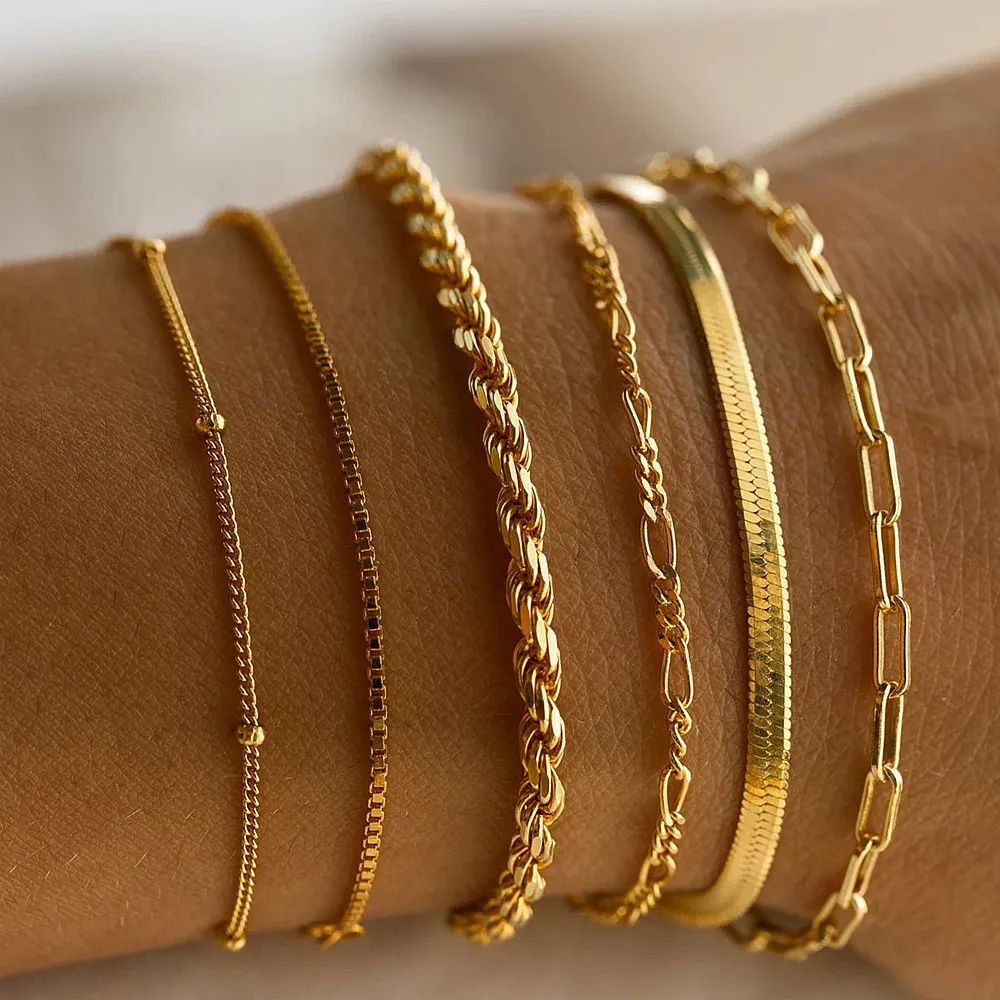 Hot Selling Waterproof 18K Gold Plated Stainless Steel Jewelry Miami Cuban Chain Bracelet Bangle Flat Snake Stacking Bracelet