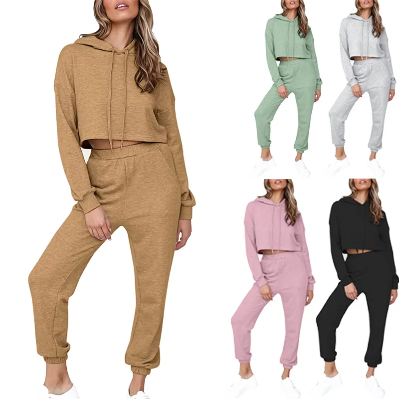 Women Long-sleeved Casual Sportswear Custom Tracksuit Two Pieces Jogging Suit Sweatsuit Wholesale Crop Top Women 2 Piece Set