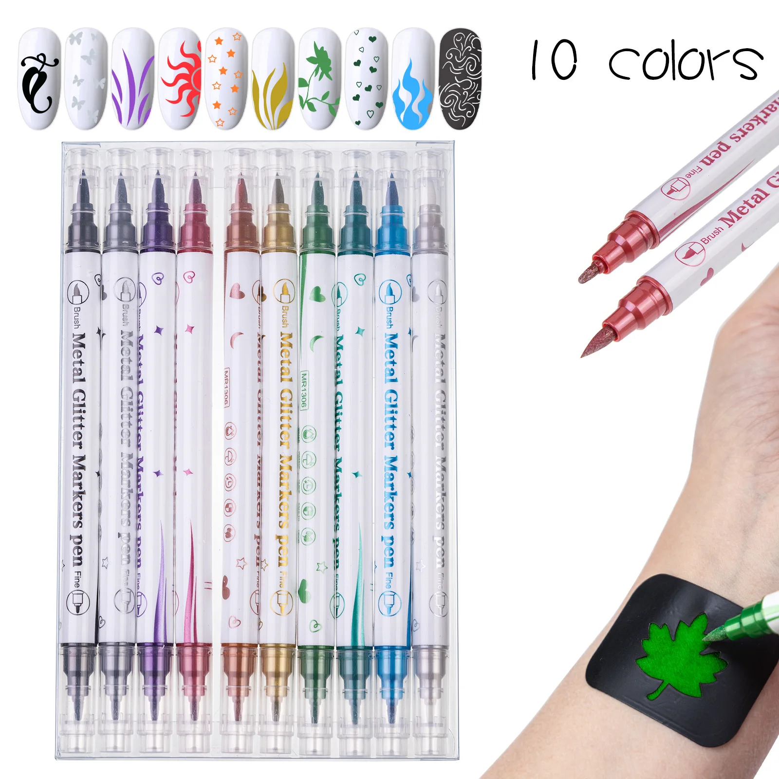 10 Color Metal Gitter Markers Pen Dual Head Design Easy Use Leak Free Easy Clean Beautiful Markers
