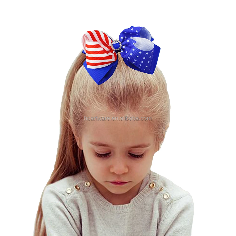 New Hot Sale 6-Inch Double Ribbon Hair Bow July 4 Independence Day Bow Hairpin For Girls With Premium Rhinestones