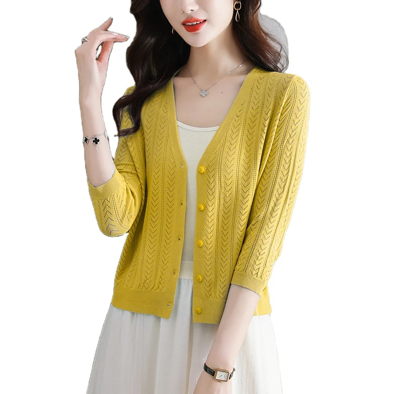 2024 New women 3/4 sleeves thin v neck crochet cardigan Summer slim solid knit cardigan