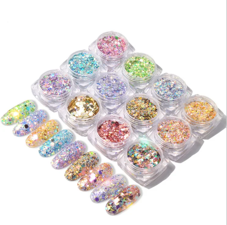 12 Color Holographic Mixed Size Shape Magic Color Shiny Pink Sequins Glitter For Nail Art  Glitter