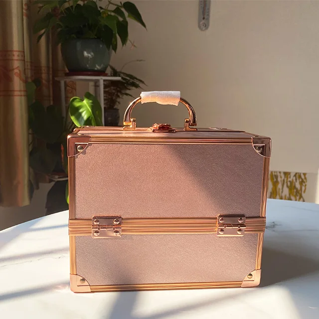 Rose Gold Aluminum Makeup Train Case Make Up Organizer with Keys Professional Artist Carry Case