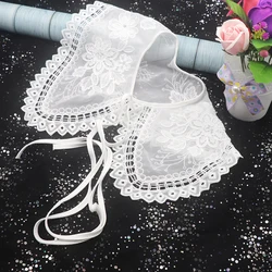 Front Tie White O-Neck Detachable Embroidery Flower White Organza Women Female Fake Collar For Dress Garment Accessories
