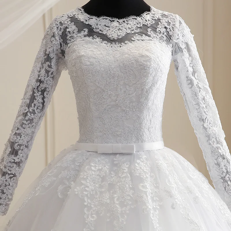 
W1019 Women Elegant Long Sleeve Lace Bandage Floor Length Long Tail Wedding Dress Bridal Dress 