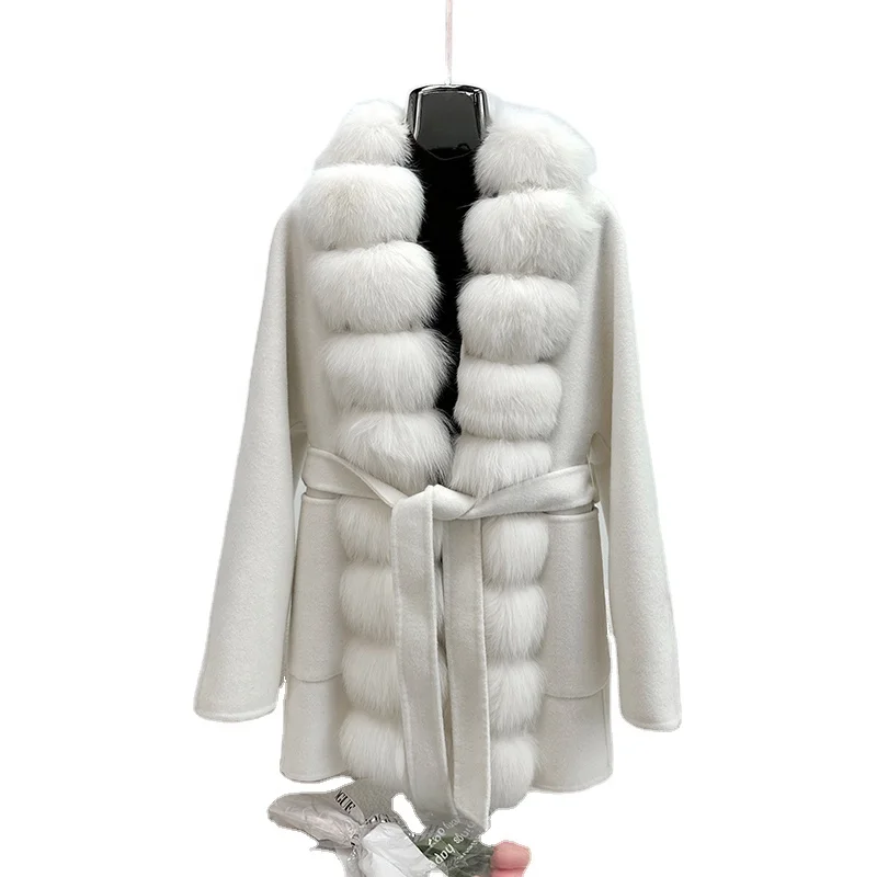 2023 New Lady Girl 100% Wool Blends Coat Jacket Women Tweed With Luxury Fox Fur Collar Warm Overcoat JT3402