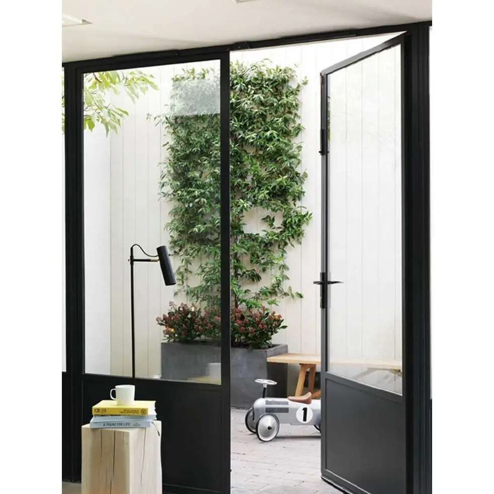 commercial black slim double swing glass  double tempered glass swing aluminum casement door with drill design