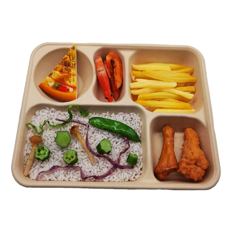 Kingwin Disposable Food Tray With 5 Compartments Compostable 5 Compartment Bagasse Plate White