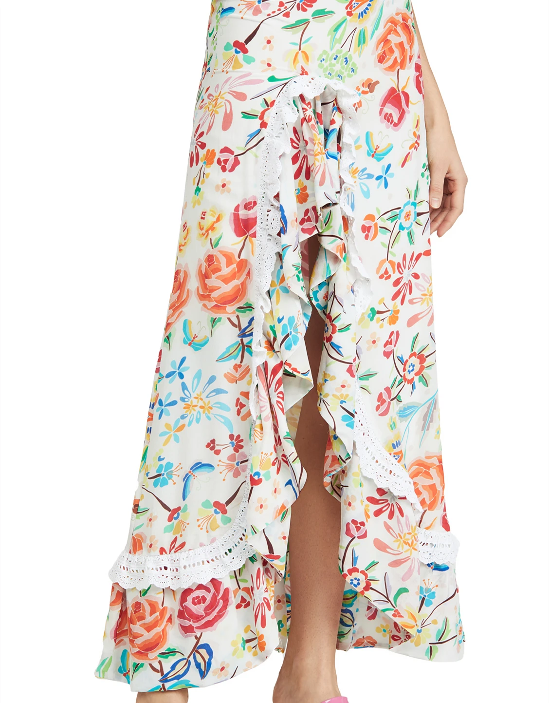 2021 новейший дизайн высокая низкая асимметричный подол с цветочным принтом разделение юбка кружевной отделкой