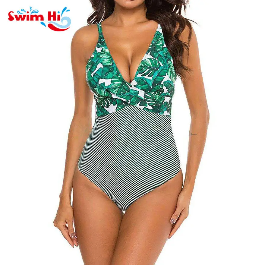 Hot Women One Piece Swimwear Tummy Control Printing Front Cross Girl Swimwear Swimsuit