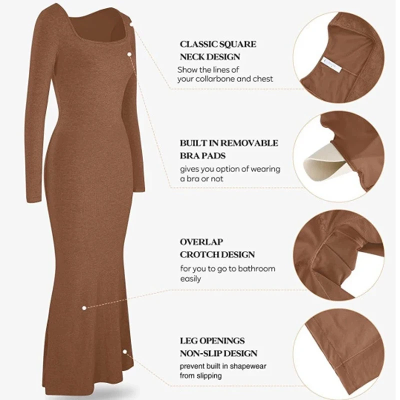 6385 Double Layer Body Shaping Bodycon for Women with Pad Built in Body Shaping Underwear 8 in 1 Long Sleeved Boho Maxi Dresses