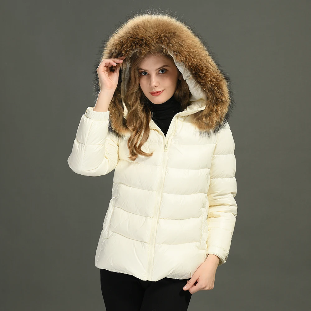 White Duck Down Jacket Hooded Wholesale Winter Removable Real Fur Collar Custom Winter Bobble Puffer Jacket Women Down Coats