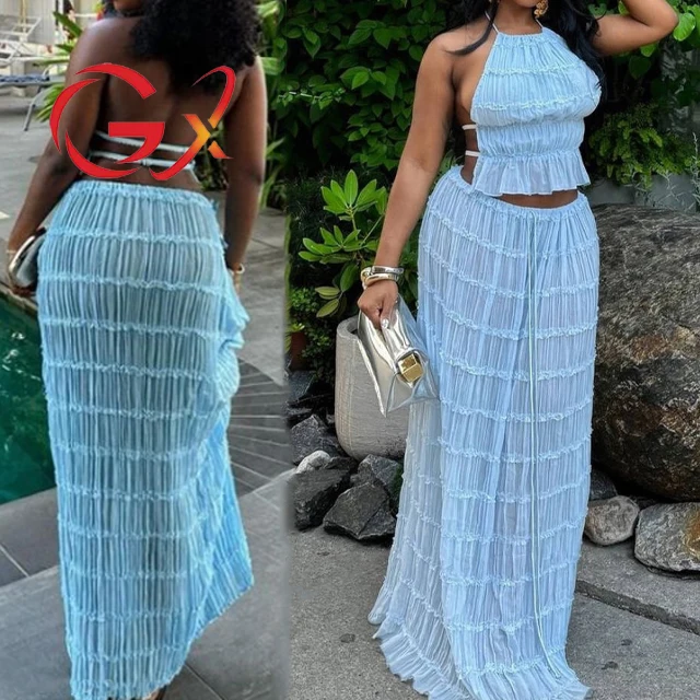 GX005 Fashion Sexy Outfit 2024 Summer Elegant Street Wear Women Halter Backless Lace Top and Maxi Long Cake Skirt 2 Piece Set