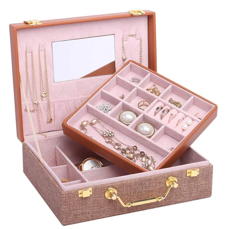 
2021 New Product Luxury Large capacity Portable PU Leather Double Layer Jewelry Gift box with Mirror for Jewelry Storage 