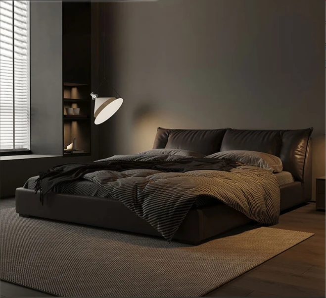 Italian Minimalist King-Size Leather Bed with Wooden Frame Cowhide Headboard Soft Down Fabric Massage & Storage Features Bedroom