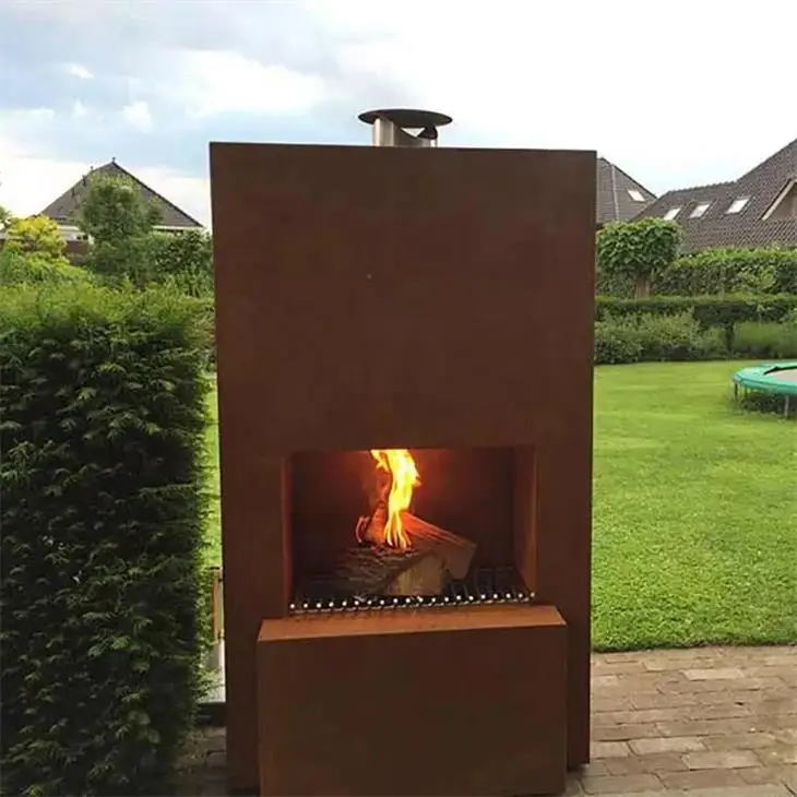 Outdoor Freestanding Wood Burning Corten Steel Fireplace With Log Rack
