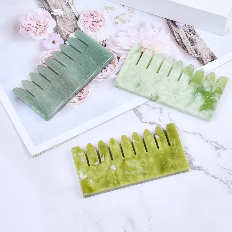 Custom Logo Pure Natural Jade Stone Gua Sha Hair Comb OEM/ODM Head Hair Massage Quartz Guasha Comb