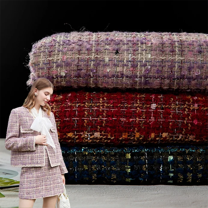 Fashion woven cross wool polyester metallic tweed fabric clothing fabric for Garment and Coat