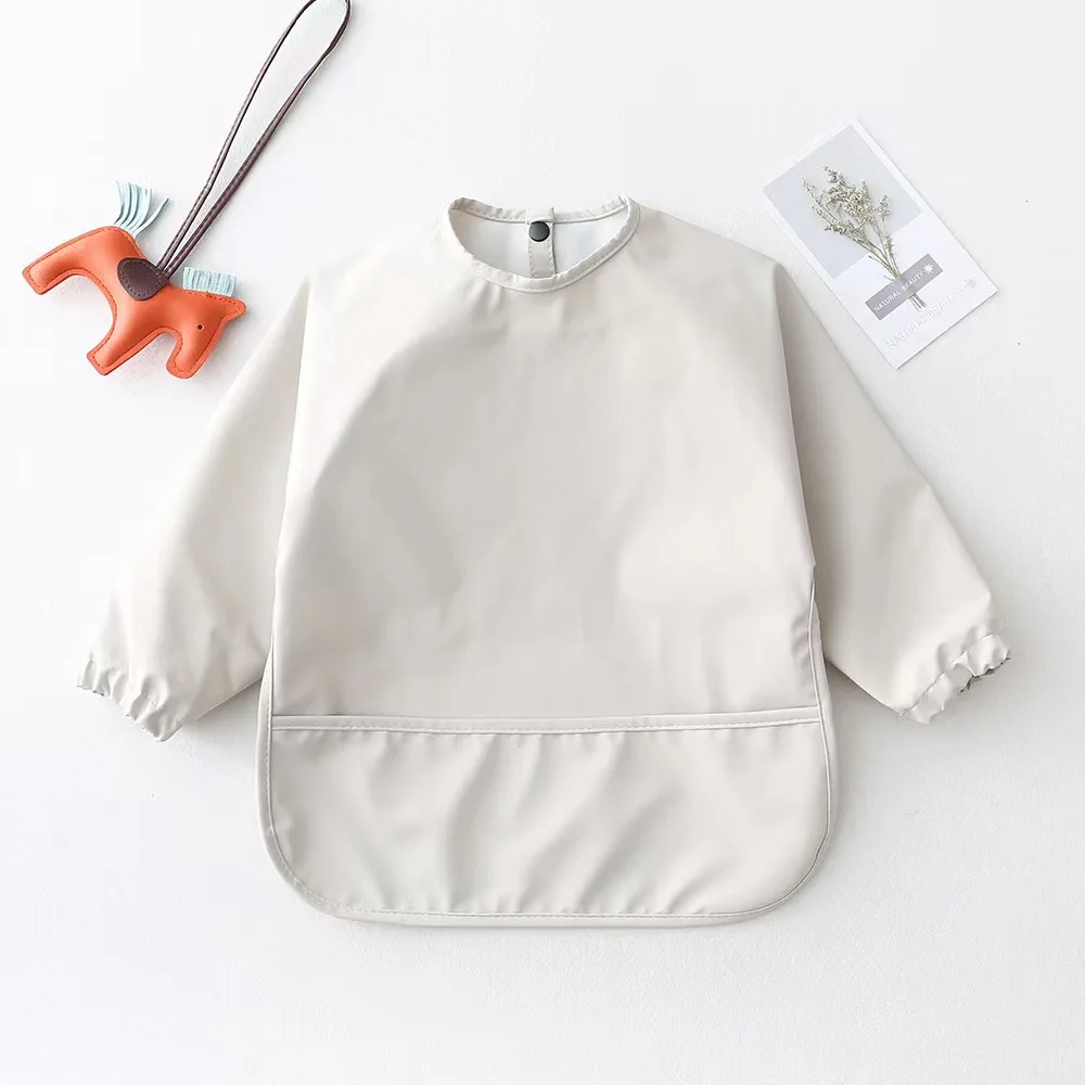 Large Neutral Colors Multifunction PU Bibs Set Baby Feeding Organic Sleeved Baby PU Bibs Apron