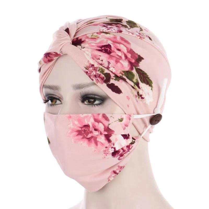 
Wholesale Fashion Muslim Women Polyester Printed Mask Cap Turban Hat Set 