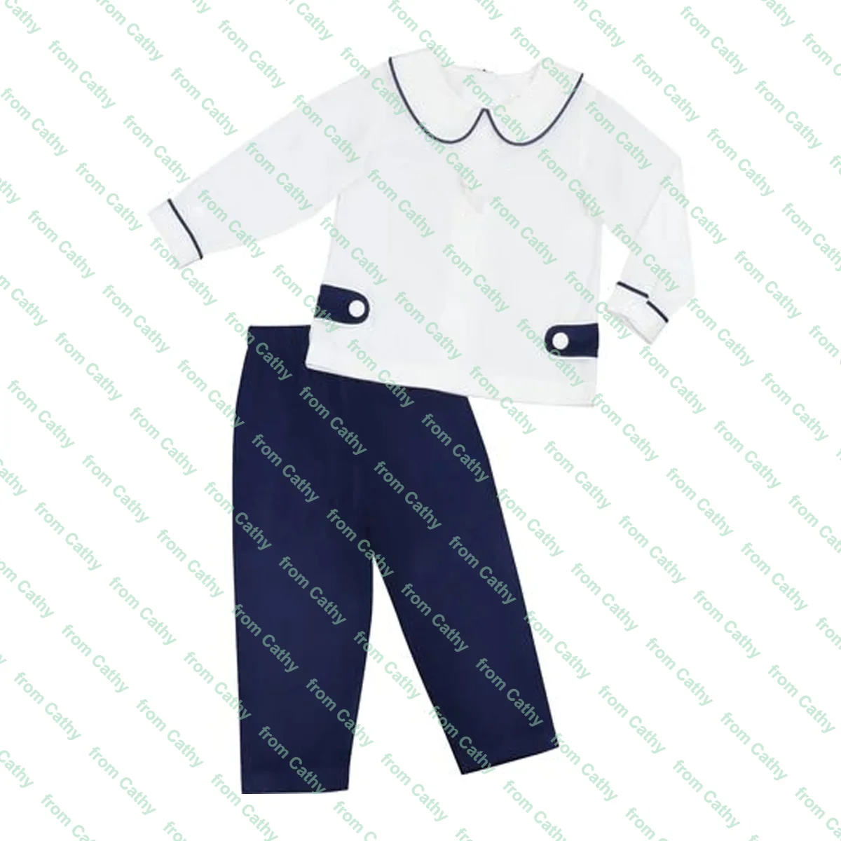 Peter pan collar baby boy pant set long sleeve monogram cotton white shirt with buckle and long pant clothes set for kids boys