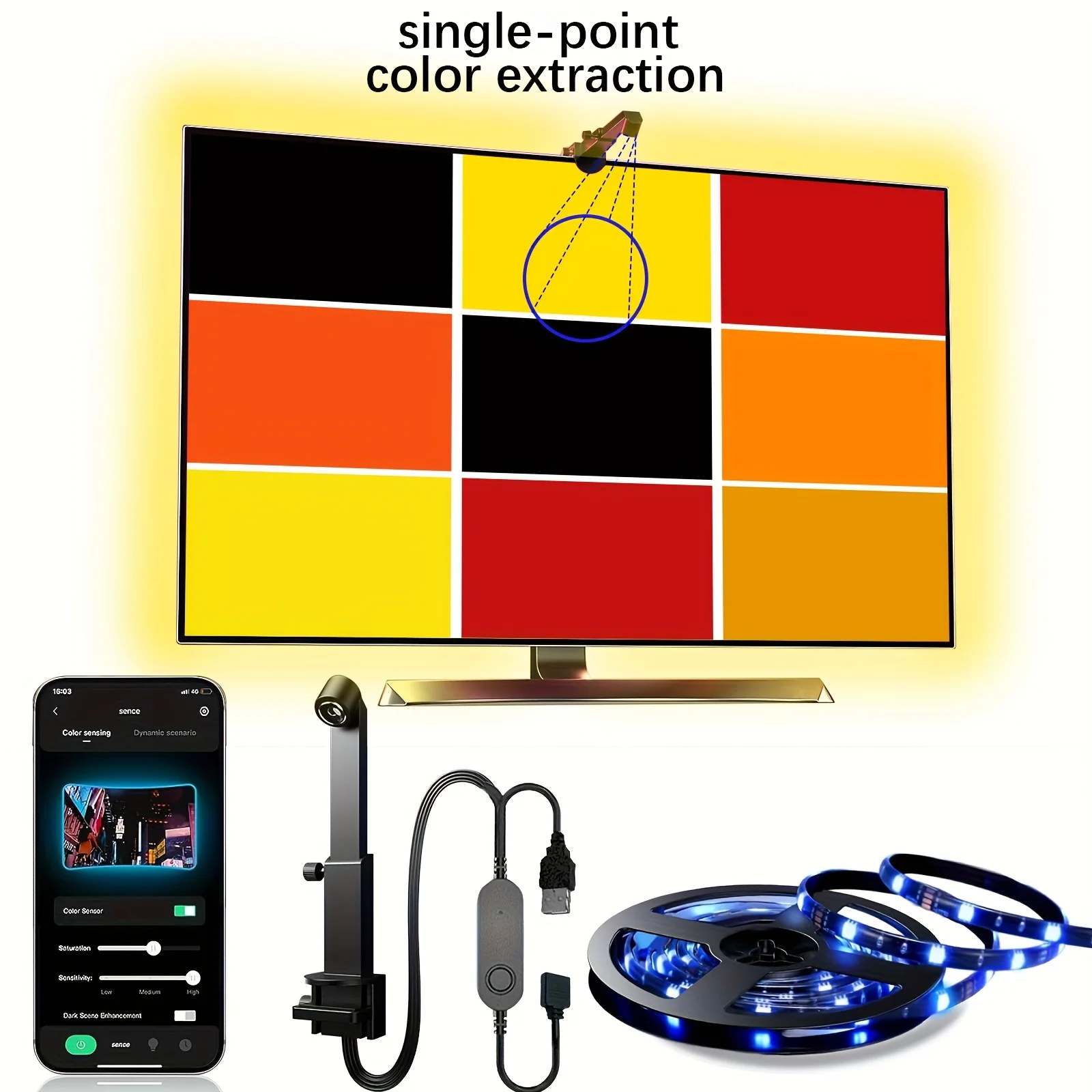 Bluetooth control smart home lighting sensor color picker 5M Sync Alexa Google 65-75inches Backlight RGB Strip Lights for TV