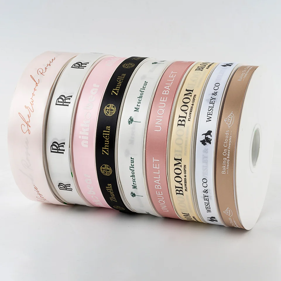 Custom Gift Wrapping Embossed Printed Recycled 100% Polyester Grosgrain Satin Ribbon With Logo Brand