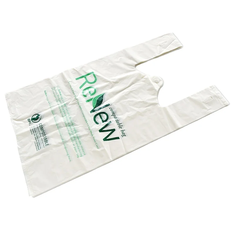 BSCI certified factory white biodegradable vest bags on roll with logo cornstarch t-shirt bags compostable