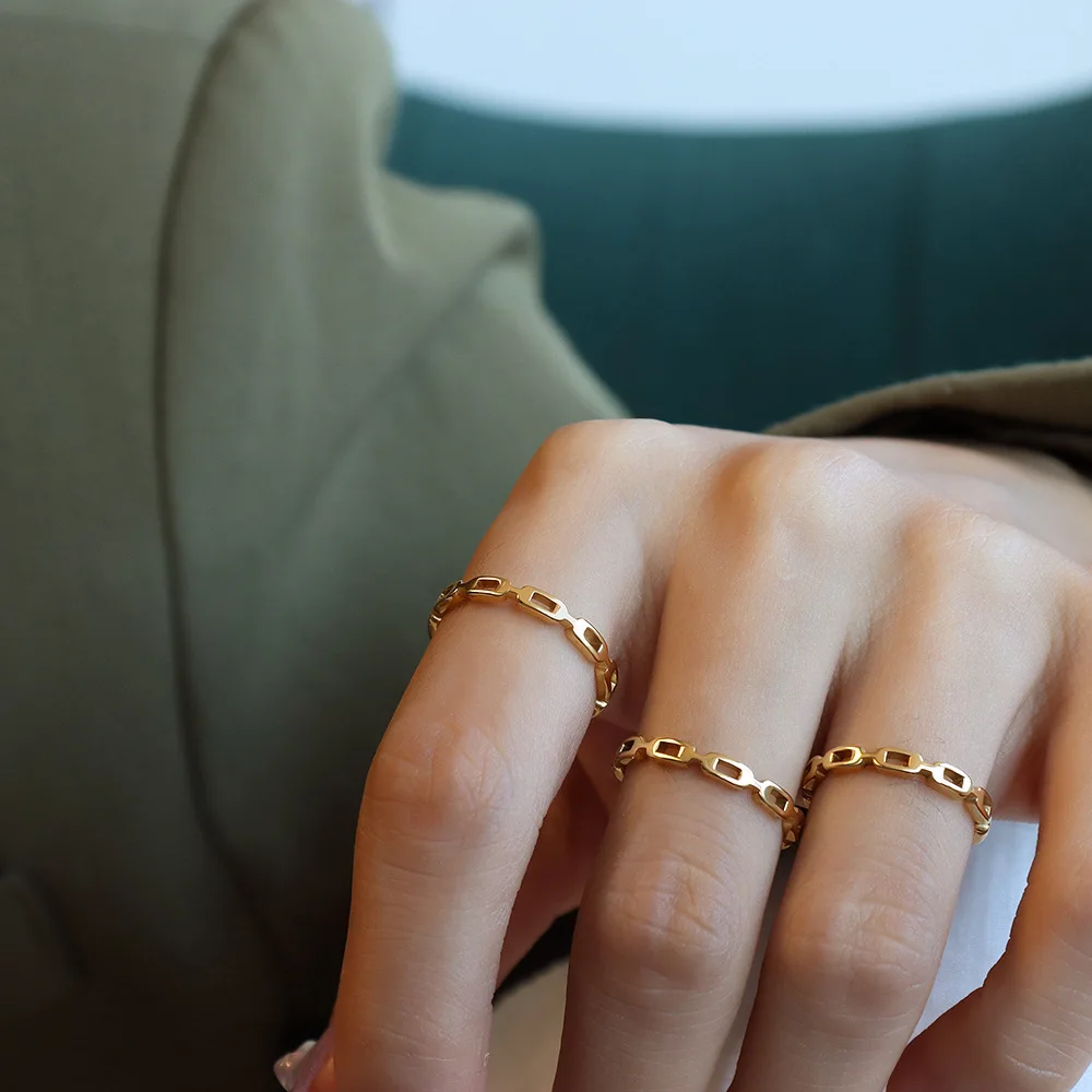 Minimalist geometric hollow ring Vintage titanium steel 18K Gold Plated waterproof ring female jewelry