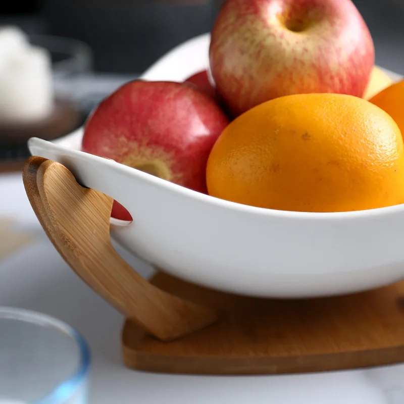 
Nordic white ceramic large fruit bowl salad bowl with bamboo stand 