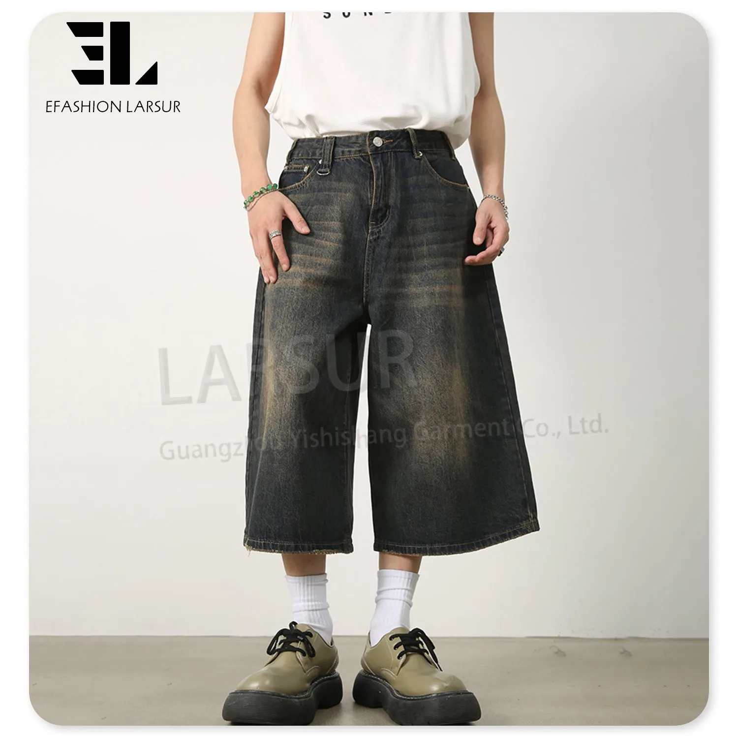 LARSUR Custom factory capris vintage distressed wash denim jeans shorts faded baggy loose jorts skate shorts