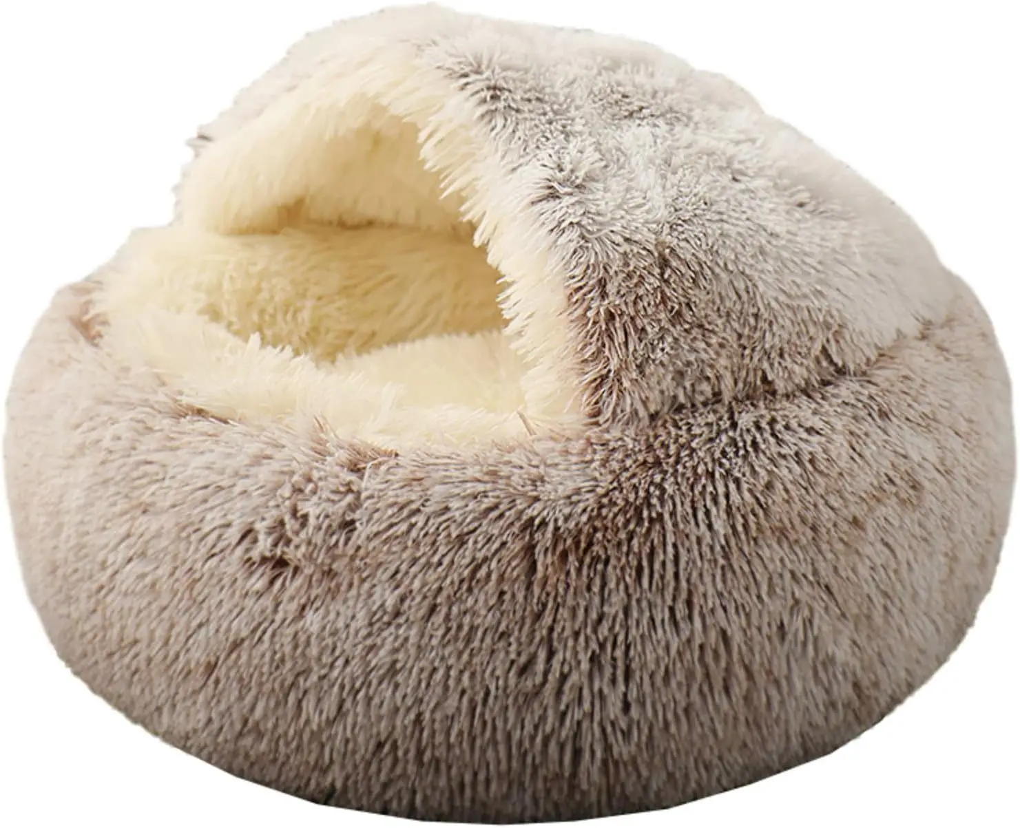Small Dog Bed with Attached Blanket, Cozy Donut Cuddler Anti-Anxiety Hooded Pet Beds Calming Cave Bed. Round