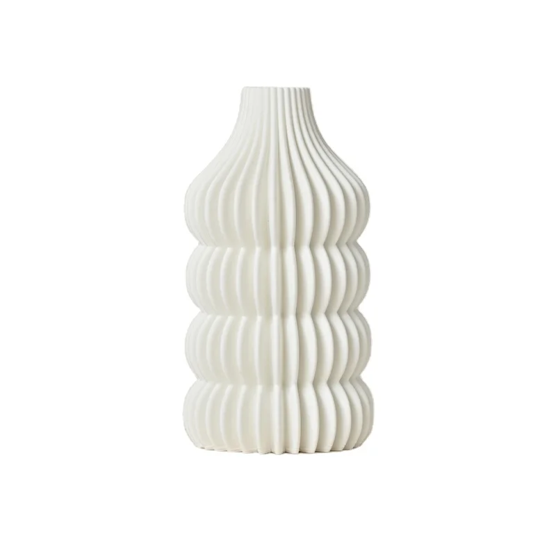 Simply Style Unique Geometry Shaped Ceramic Vasse White Striped Flower Vase for Wedding Table Decoration