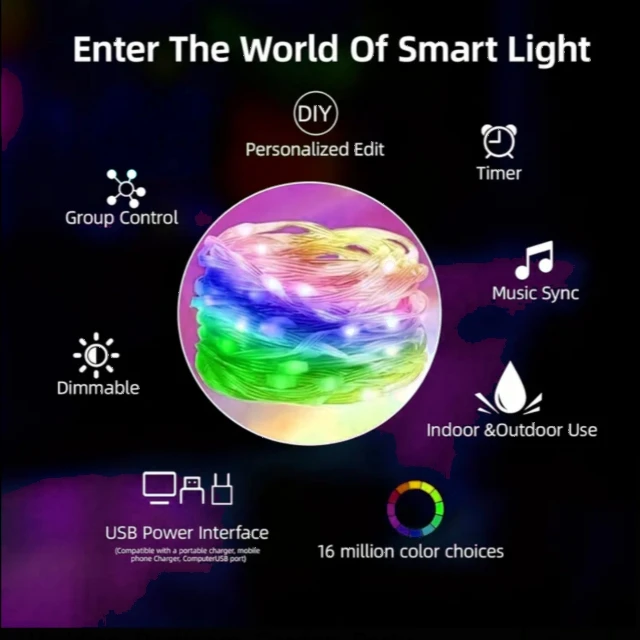 Водонепроницаемая светодиодная гирлянда RGB интеллектуальное приложение голосовое управление инфракрасный пульт дистанционного управления USB-батарейный блок солнечная энергия