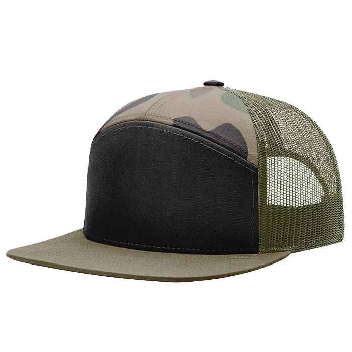 2022 New Custom 7 Panels Camo Snapback Trucker Caps Hats 7 Panel Camp Cap Promotional 7 Panel Cap With Leather Patch