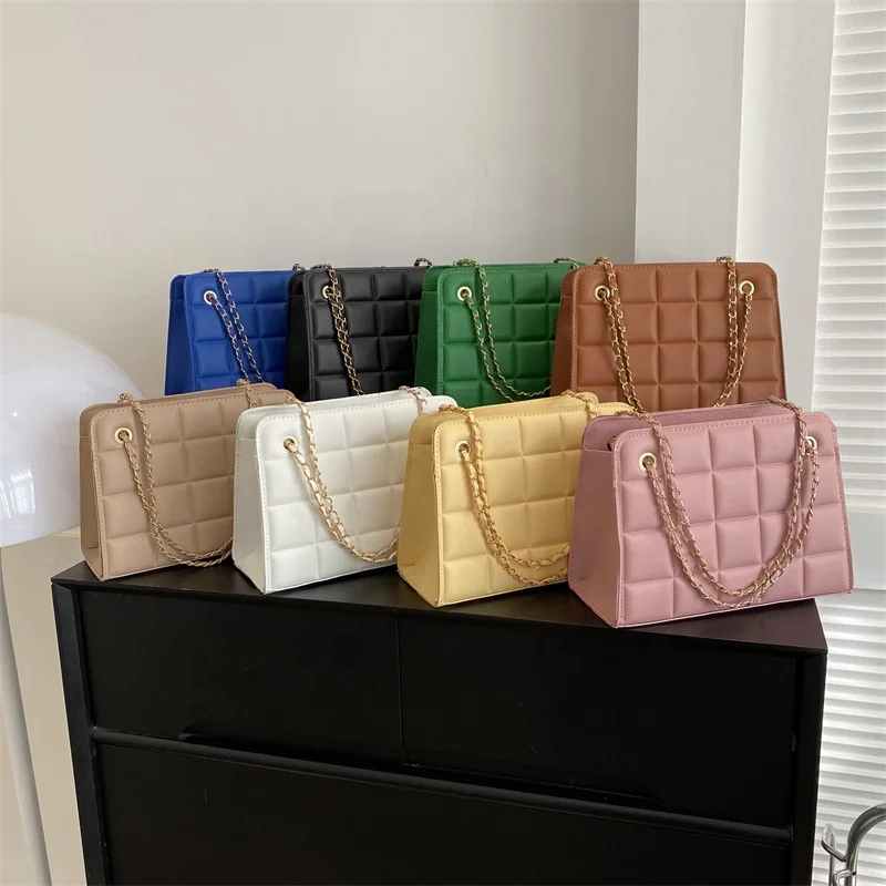 Hot Sale Casual PU Leather Square Indentation Handbag Metal Chain Underarm Bag Fashion Shoulder Bags for Girls