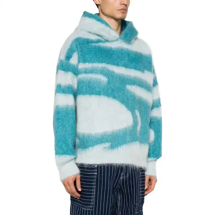 2024 custom mohair knitted hoodie dropped shoulder jacquard knitwear winter fluffy wool sweaters for men