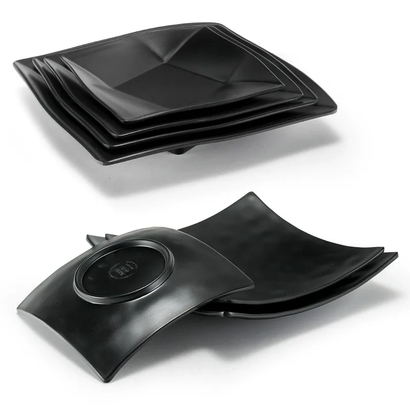 Wholesale Square Melamine Plates Custom Logo Fine Dining Food Black Unbreakable Dishes And Plate For Restaurant