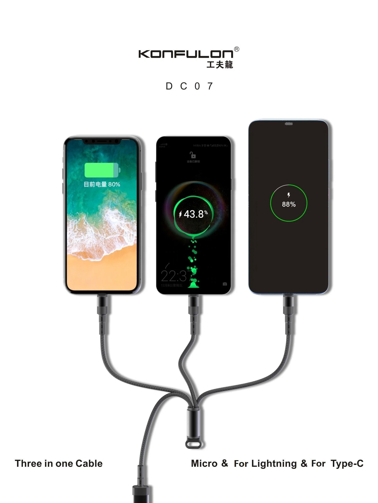 konfulon Trending 2023 wholesales 3 in 1 Nylon Keychain USB Data Cable Type  C Lighting Micro Charging Wire Lanyard 1.2M 1M 10CM