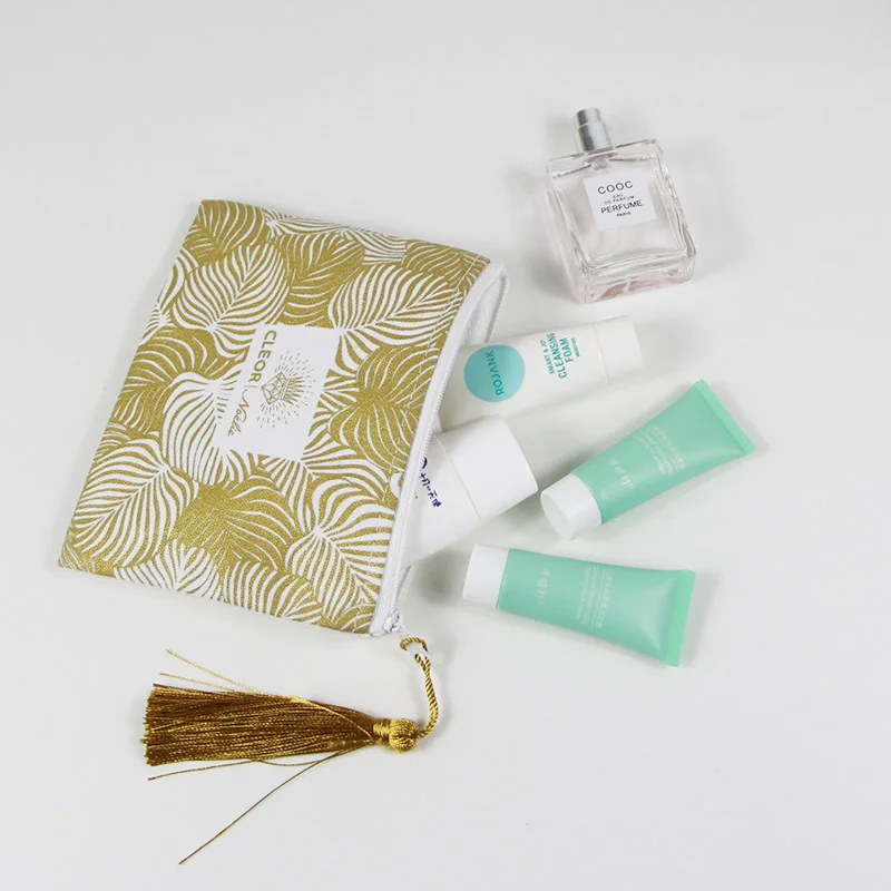 Lady Cotton Canvas Gold Glitter Printing Cosmetic Make Up Bag With Tassel