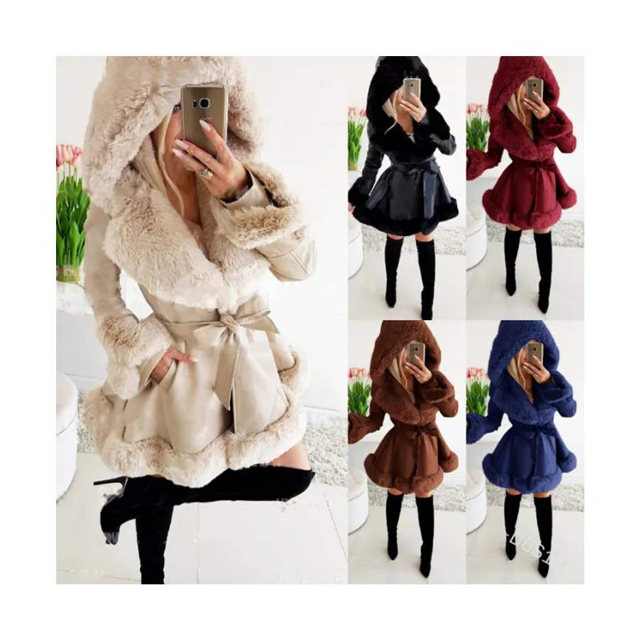 Fashion Women Plus Size Hooded Fur Patchwork Coat Casual Lapel Belt High Imitation Leather Women Long Jacket