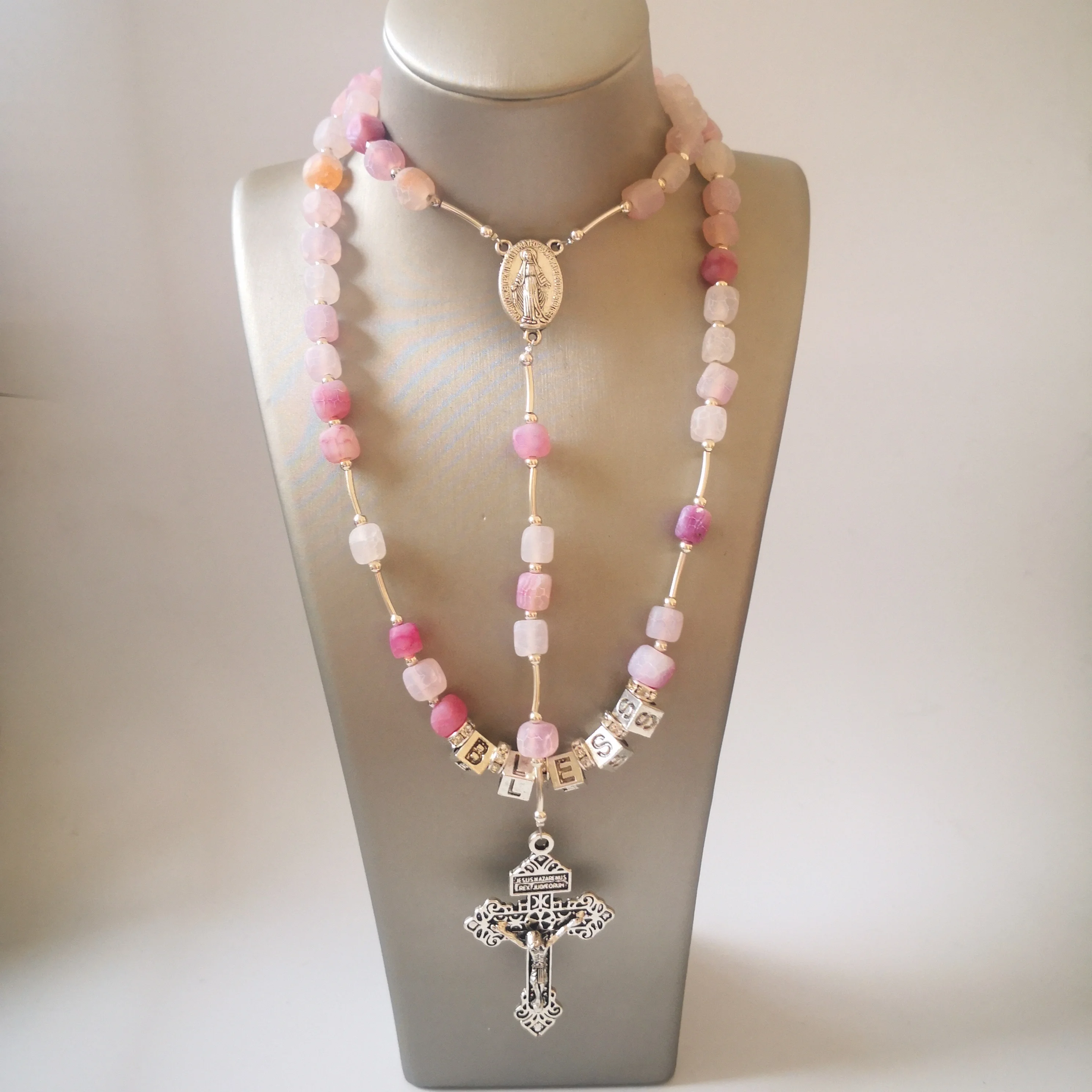 High quality 7mm Jade beads Crucifix Rosary Hot Pink Necklace