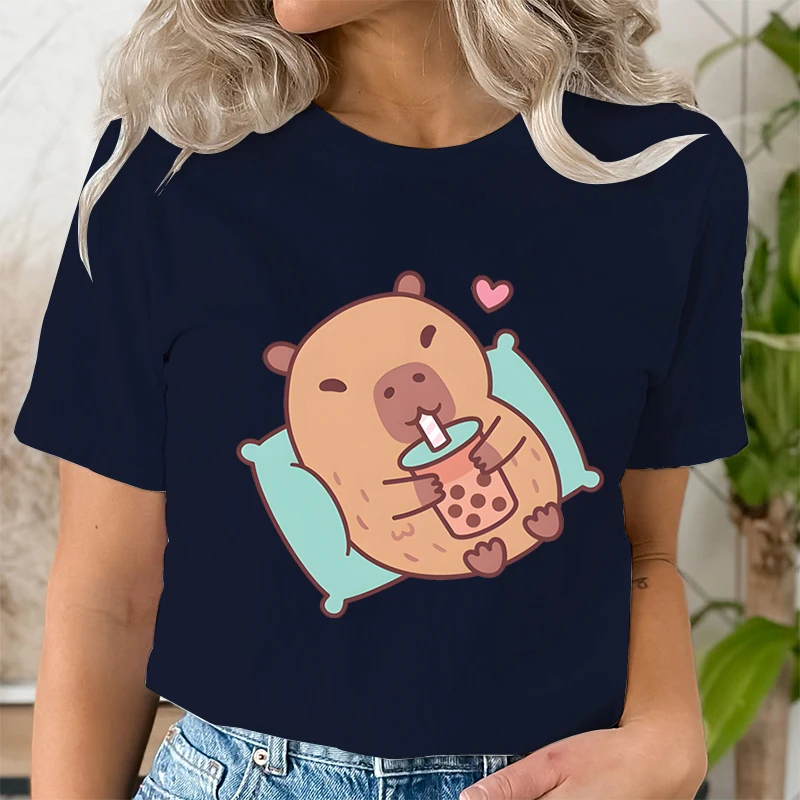 Boba Tea Capybara Print T Shirt for Women Anime Kawaii T-shirts Graphic Tees Ladies T-Shirt Unisex Hip Hop Tops Harajuku Tshirt